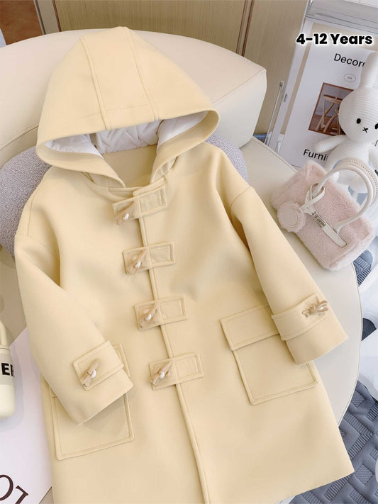 Girls' Hooded Tweed Coat with Horn Buttons, a New Mid-Length Style for a Warm Winter, Soft And Cozy, Featuring Vintage Horn Buttons And a Hood (Without Drawstrings), Cute And Windproof, Perfect for Outings, School, Shopping,