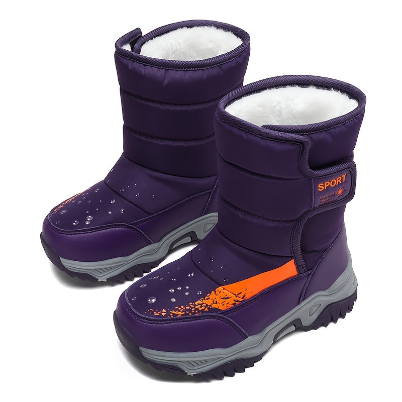 One Pair of Mid-Calf Plush Snow Boots, Simple Fashionable Magic Tape, Warm Snow Boots for Playing in the Snow, Outdoor Casual Wear, Available in Three Colors Purple, Black, Pink, Suitable for Different Personalities Girls, Ca