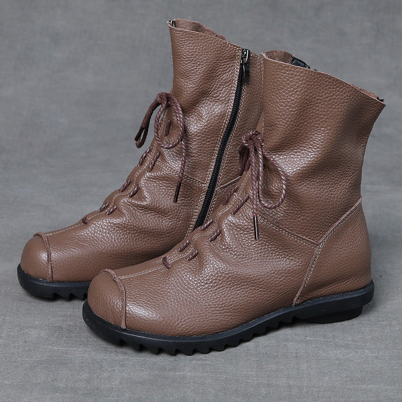 Women'S Genuine Leather Retro Chunky Low-Heeled Ankle Boots with Zipper Closure - Round Toe Winter Warm , Brown & Color Options, Soft & Cushioned Insole, Durable Rubber Sole - Casual to Semi-Formal Boots for Everyday & Specia