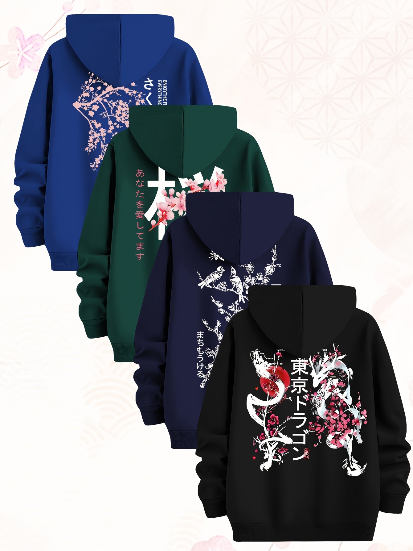 [Set of Four Hoodies] Tokyo Japanese-Style Cherry Blossom Pattern Sweatshirt, Set of Four Men's Hoodies, Made of Polyester Knit Fabric, Casual Style, Regular Fit Hoodies