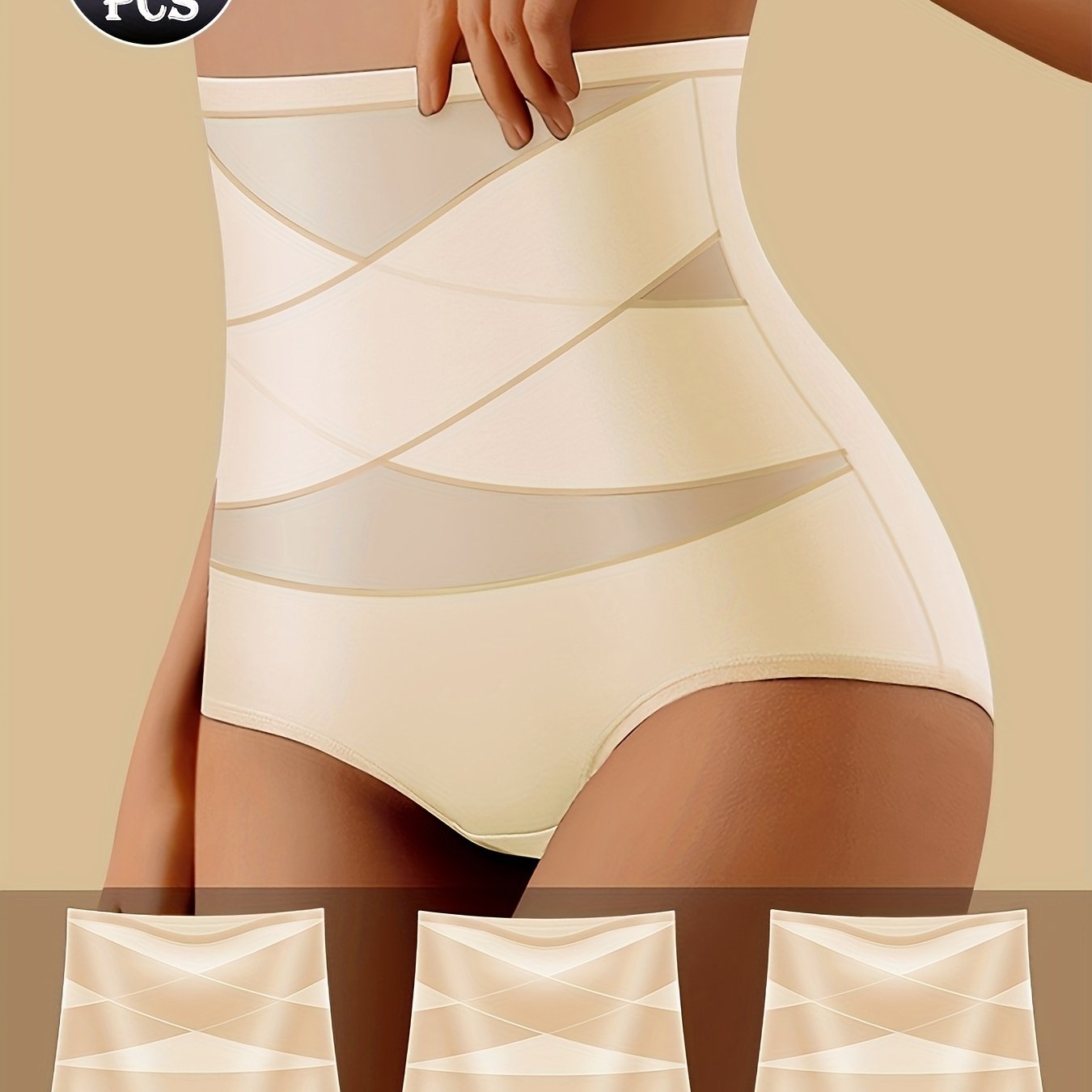 [3pcs High-Waisted Briefs] 3pcs Women's High-Waisted Cross-Strap Briefs - Breathable Comfort, Butt-Lifting Waist Cincher, Solid Color Set (Beige/White/Black), Everyday Casual Wear, Comfortable Undergarment, Simple Design, Smo