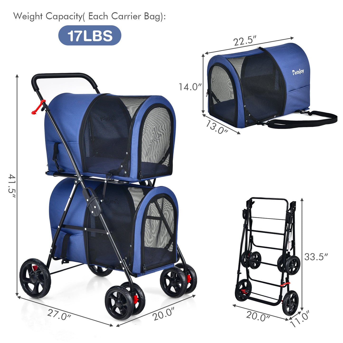COSTWAY 4-in-1 Double Pet Stroller with Detachable Carrier, Metal Frame & Oxford Cloth Travel Carriage for Dogs