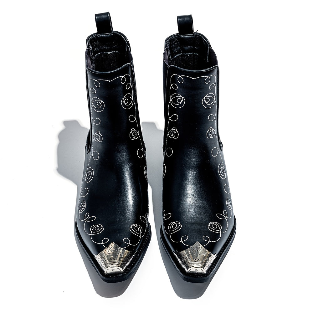 Men'S Fashion Iron-toe Chelsea Boots, Cowboy Boots, Western Boots, Ankle Boots. Low Heel, Faux Leopard Print, Elastic Band. Fashion Street, Party, Wedding, Business.