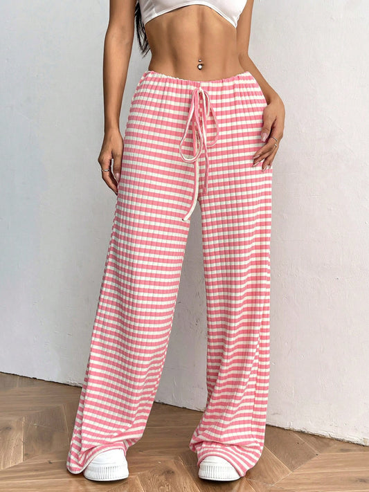 Women'S Solid Color Striped Wide-Leg Trousers - Elastic Drawstring Waist Loose-Fit Straight Leg Pants, All-Season Casual to Semi-Formal Wear, Pink & Vertical Stripes, Medium-Stretch Comfortable Trousers for Everyday & Special