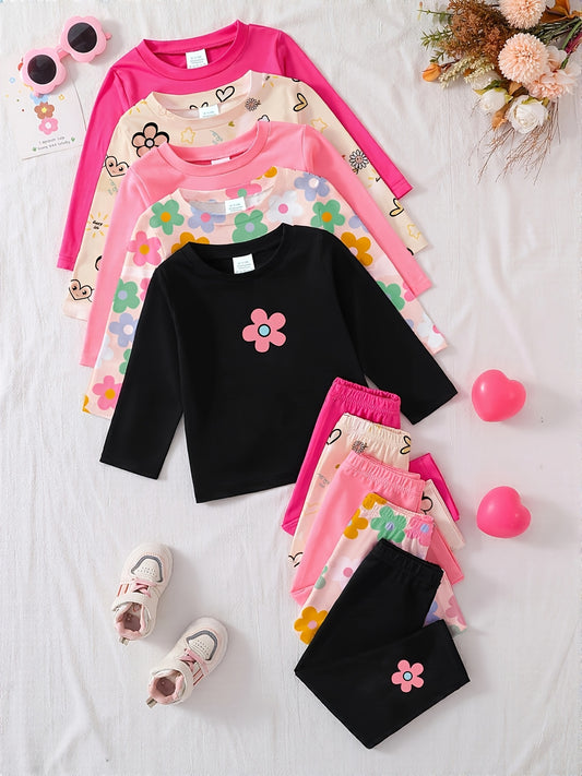 Girls' Casual Comfort Long Sleeve T-Shirt + Elastic Waist Pants Set for Spring and Autumn, Cute Floral Pattern in Rose Pink, Black, Apricot, Dopamine Colors, Soft Sweat-Absorbent Pullover Outfit with Matching Pants, Perfect f