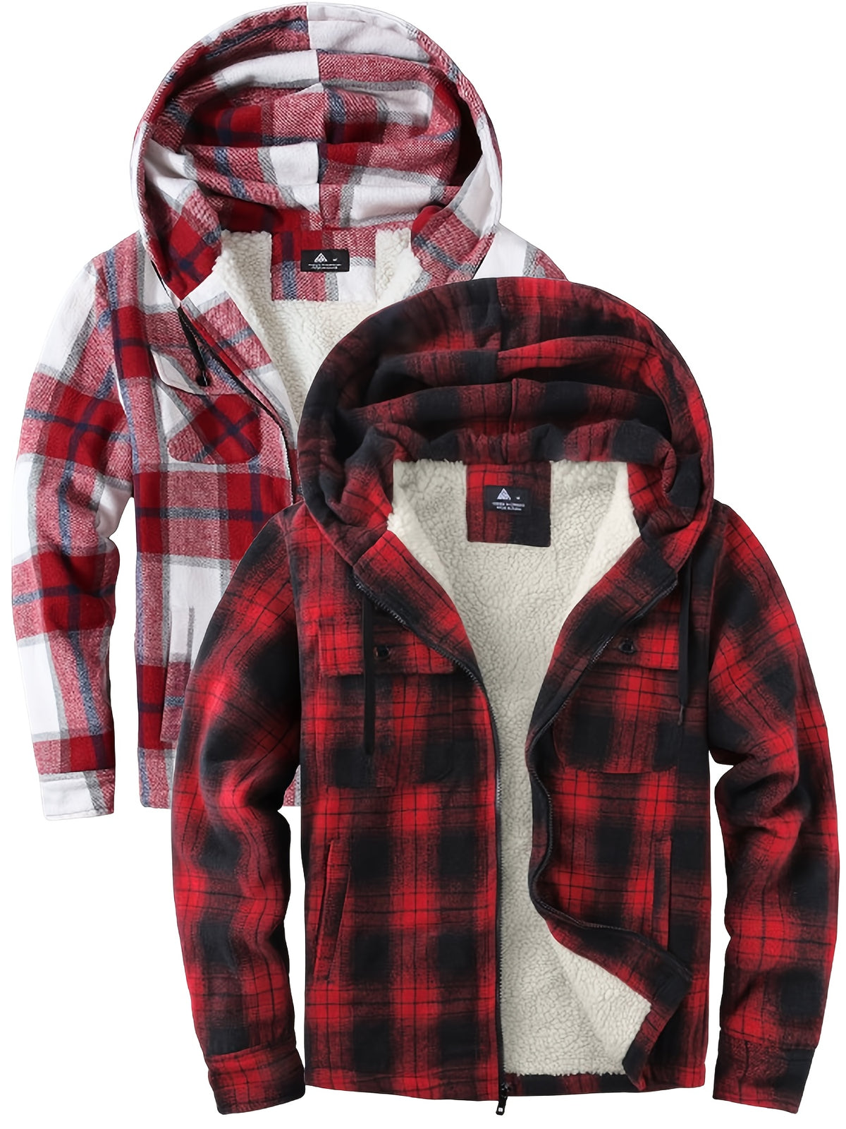 2pcs Men's Heavy Duty Sweater Hooded Jacket - Fully Zipped Thick Snow Mountain Lined Flannel Plaid Shirt with Pockets, Casual Style, Perfect for Fall And Winter, Hooded Collar, Regular Fit, Plaid Pattern, Men's Jacket, Cold W
