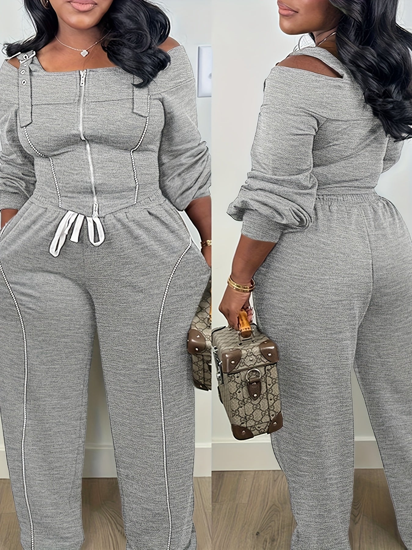 2pcs Outfit Trendy Long Sleeve Cold Shoulder Top And Drawstring Waist Pants with Pockets