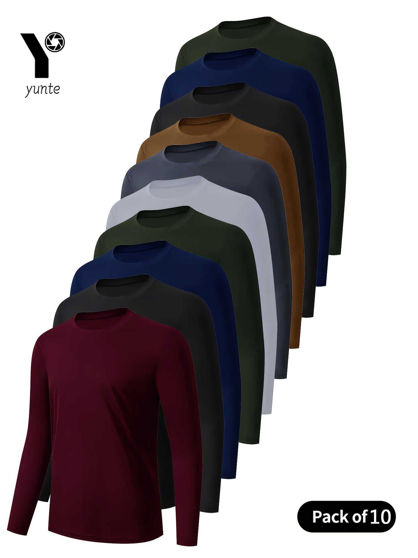 [Quick-Dry Athletic Tops] 10pcs of 10 Men's Long Sleeve Crewneck Shirts in Deep Red, Black, Navy, Army Green, White, Gray, Khaki, Black, Navy, Army Green - Quick-Dry Athletic Tops for Fitness, Casual Outdoor Wear, and Body Sh