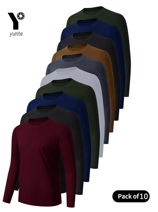 [Quick-Dry Athletic Tops] 10pcs of 10 Men's Long Sleeve Crewneck Shirts in Deep Red, Black, Navy, Army Green, White, Gray, Khaki, Black, Navy, Army Green - Quick-Dry Athletic Tops for Fitness, Casual Outdoor Wear, and Body Sh