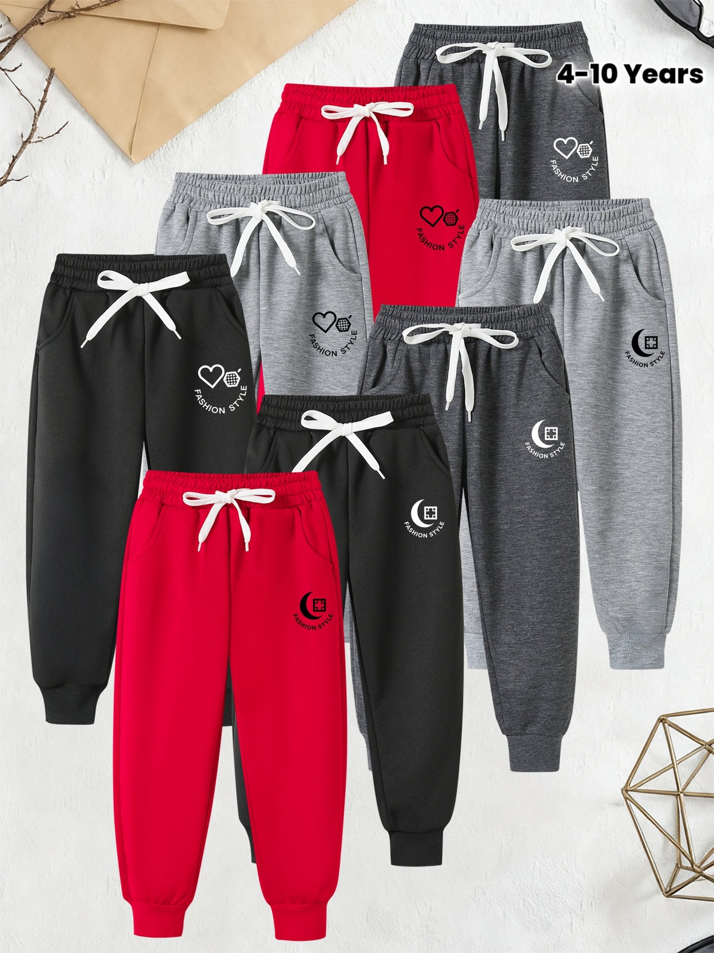 8pcs Boys' Long Pants Set - Soft Breathable Knit Fabric, Adjustable Elastic Waistband & Drawstring Closure, Geometric Pattern, Regular Fit, Perfect for Casual Wear & Active Play, for Outdoor, Boys Pants, Boys Clothes, Boys