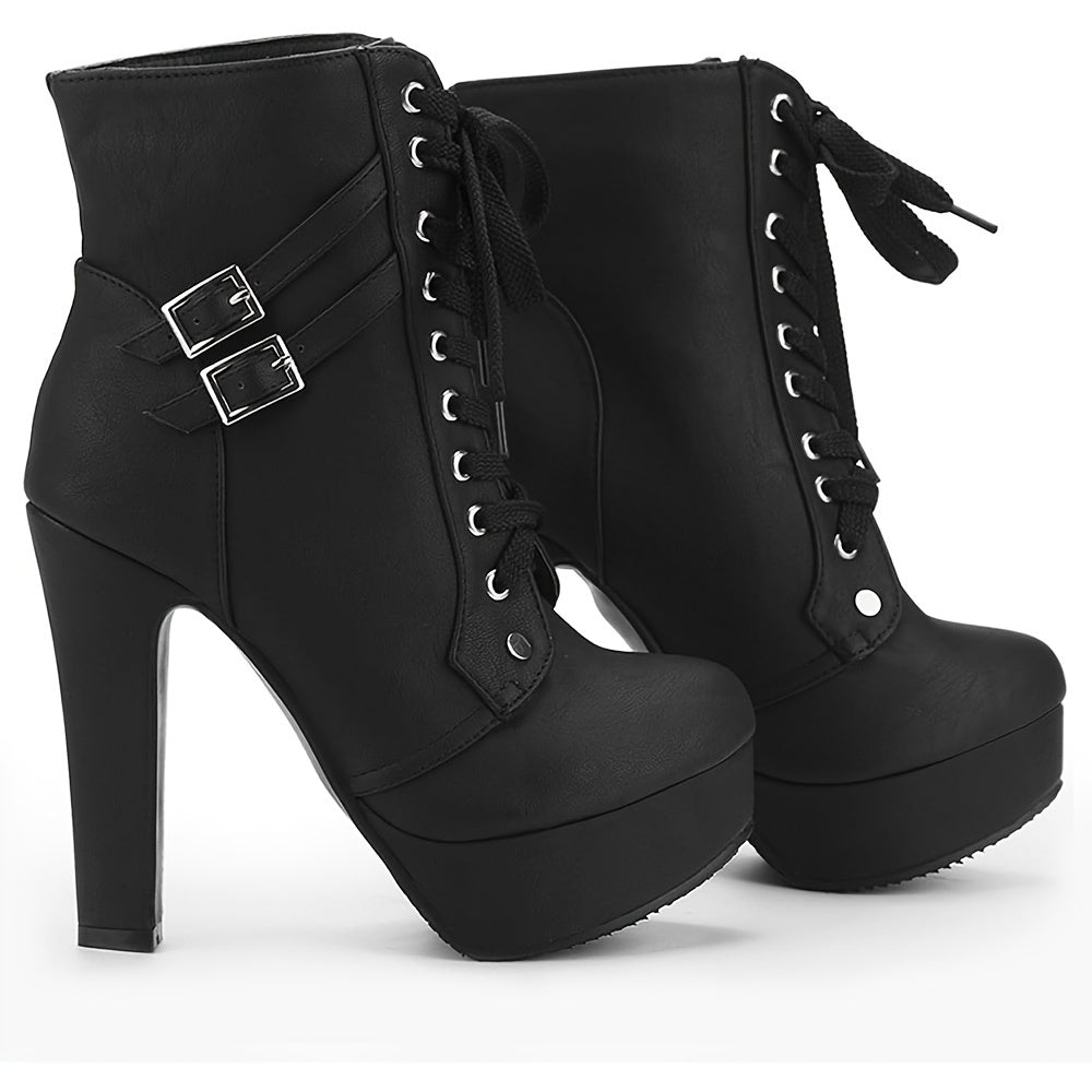 High Heel Boots For Women, Womens Platform Boot Heels Sexy Round Toe Lace UP High Heels Mid Calf Boots