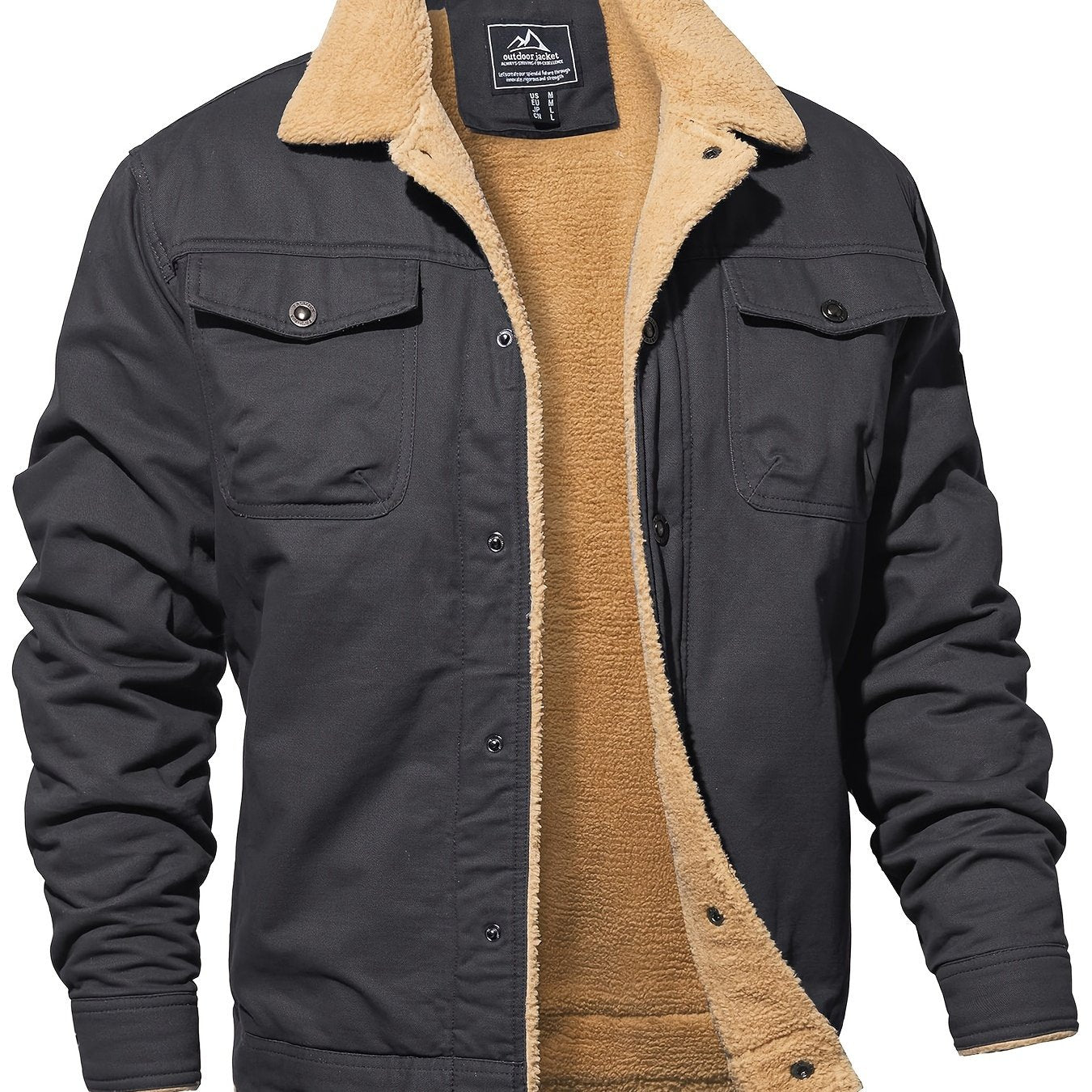 Men's Winter Jacket, Casual Grain Feel Fleece Washed Fabric Thick Soft Cozy Warm, Twill Texture Multifunctional Pocket Open Placket Metal Buckle, Trucker Style, Outdoor Running Hiking Climbing Camping Traveling Fishing Daily