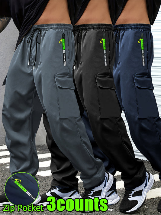 3-Pack of Men'S Thin Work Pants with Drawstring Elastic Waistband, Zipper Pockets, Large Patch Pockets, Comfortable And Breathable, Suitable for Outdoor Daily Leisure