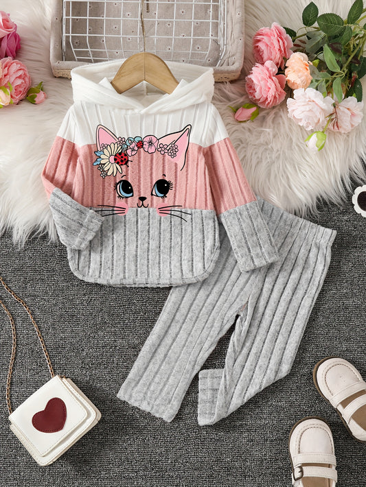 2pcs Girls' Winter Warm Hooded Sweater & Pants Set - Soft Pastel Pink & Color Block Outfit with Heart & Cat Face Appliques, Long Sleeve Pullover & Joggers, for Outdoor, Casual Attire (machine Washable)