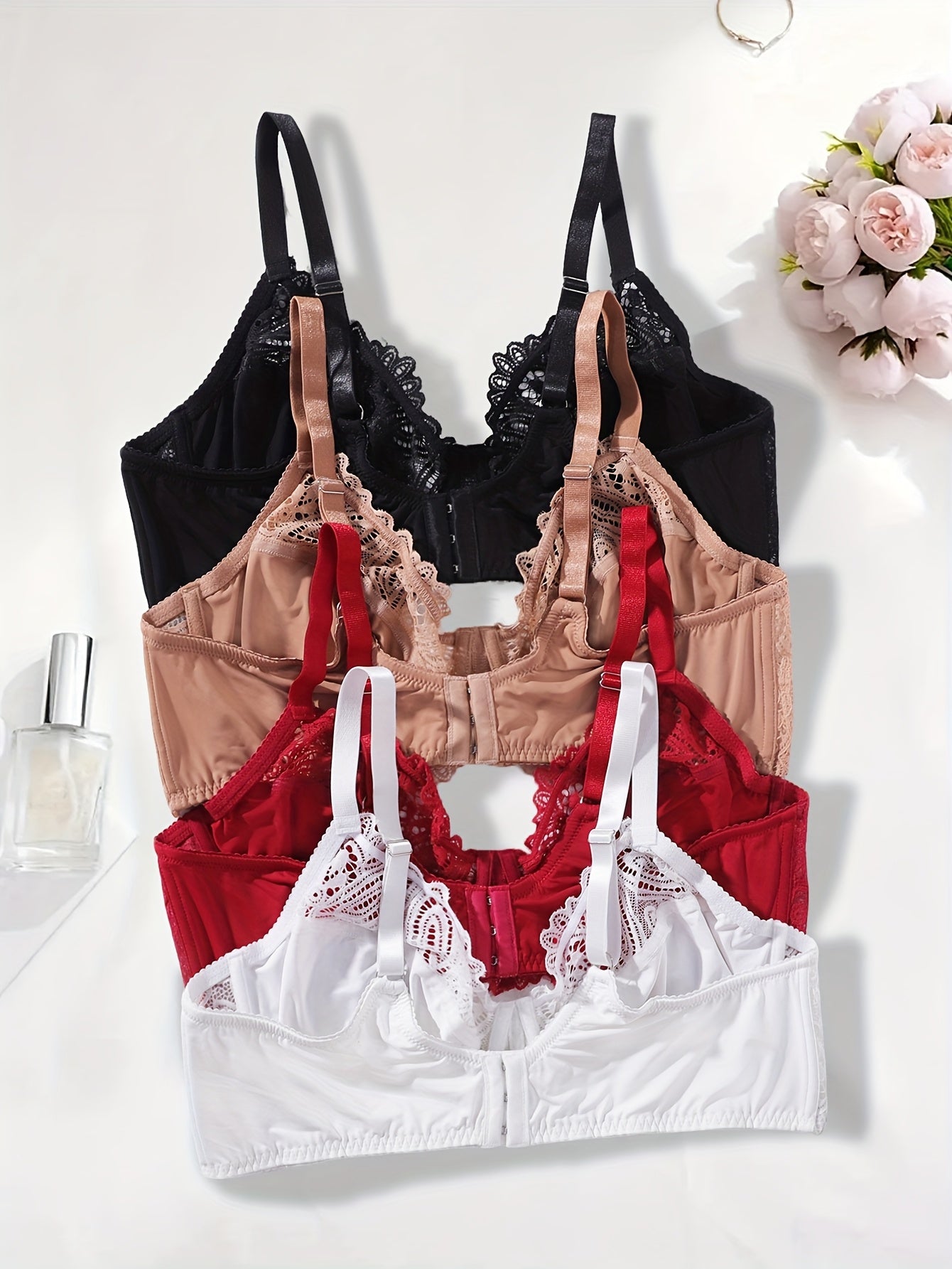 4pcs Plus Size Elegant Full Cover Underwire Lace Bra, Comfortable Fit, Breathable, Adjustable Straps Soft Stretch Fabric for All-Day Comfort- Perfect for Casual Attire, Plus Size Underwire Lightly Padded Bra, Women Bras for W