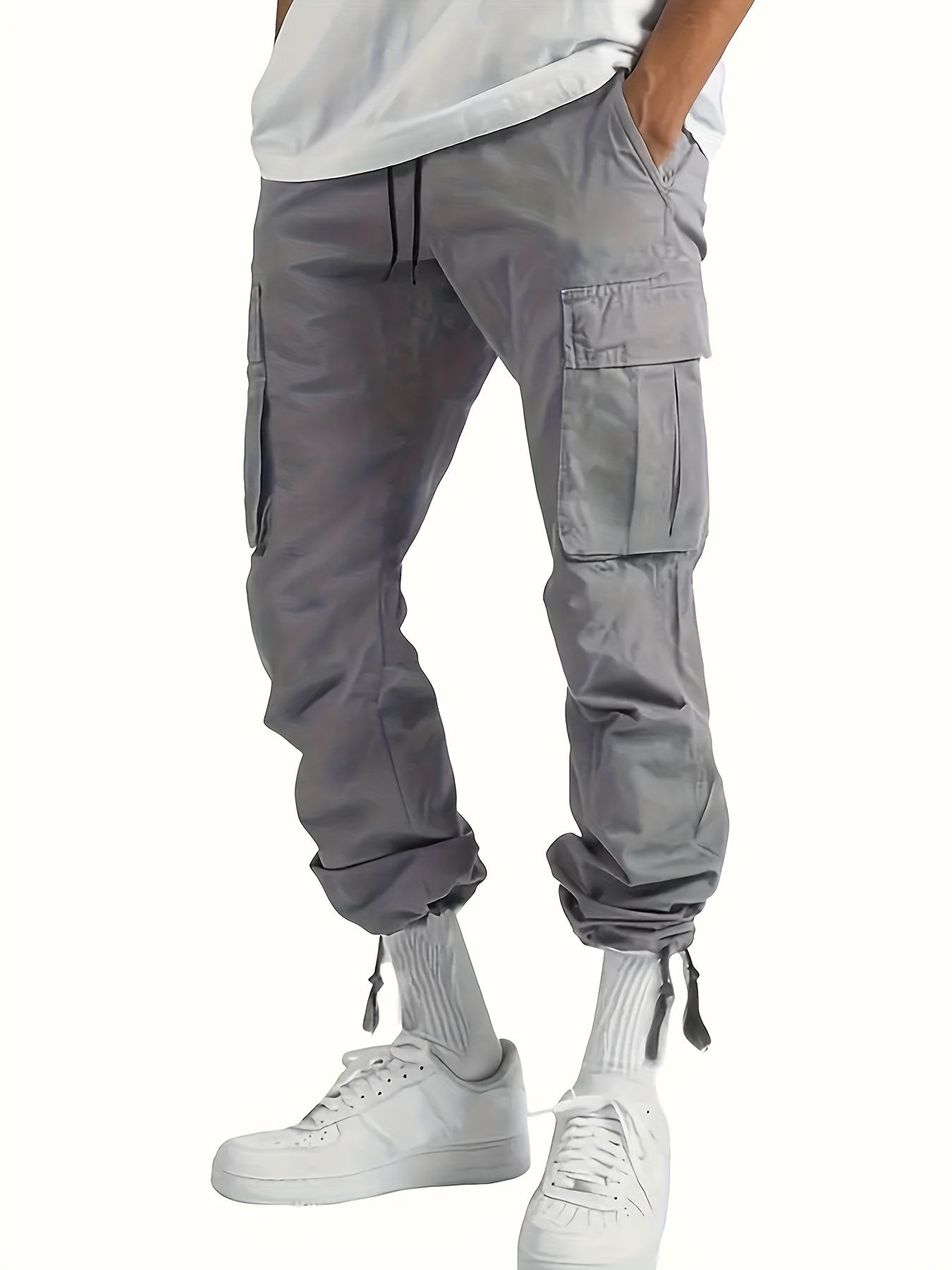 4pcs 's Heavy-Duty Cargo Pants with Elastic Drawstring Waist & Multi-Pocket Work Pants - Loose-Fit -Style Trousers for Outdoor,, Camping (Grey/Beige/Black/Brown) - Machine Washable (Teens & Adults), Perfect for Outdoor, for T