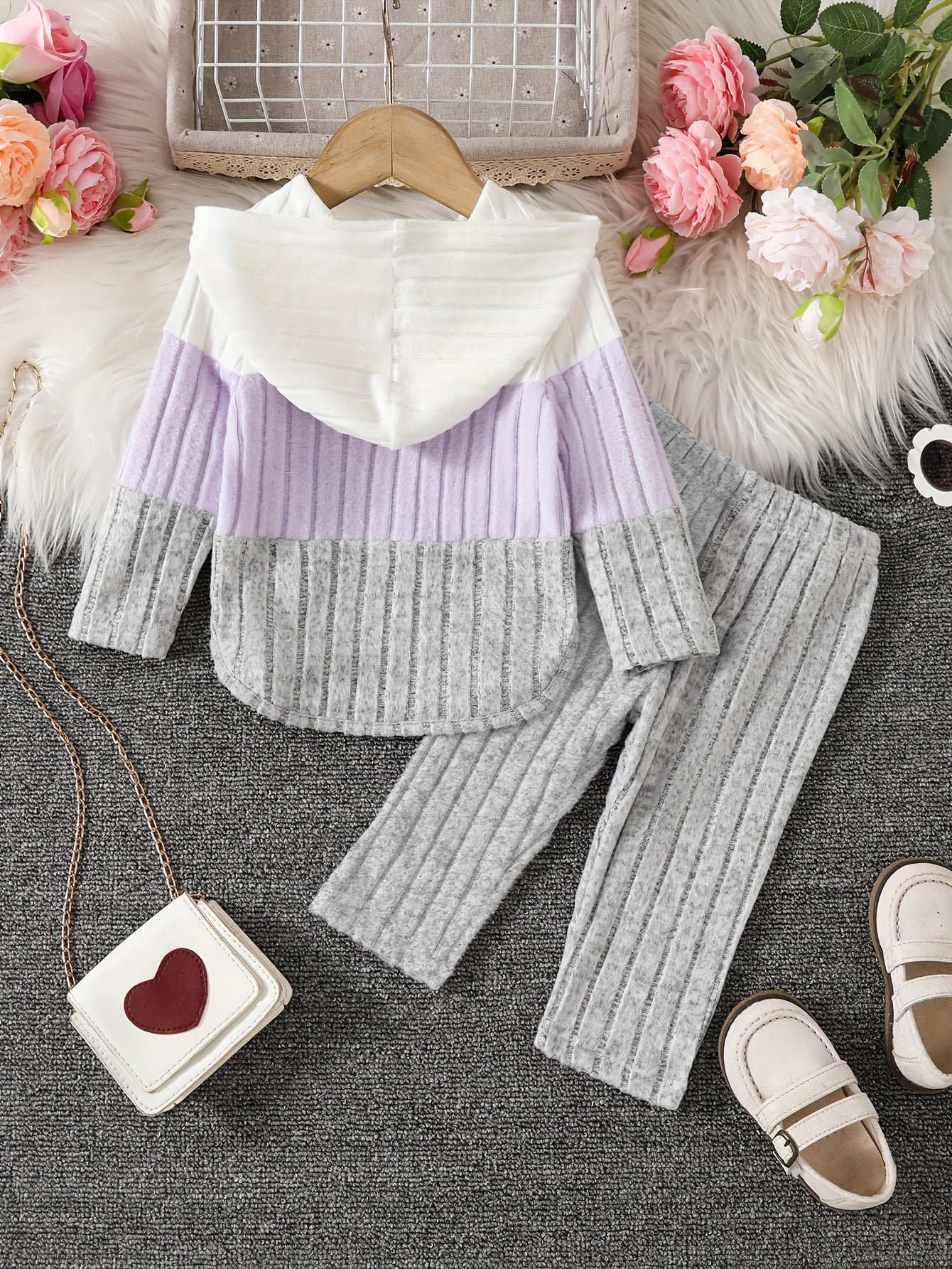 2pcs Girls' Winter Warm Hooded Sweater & Pants Set - Soft Pastel Pink & Color Block Outfit with Heart & Cat Face Appliques, Long Sleeve Pullover & Joggers, for Outdoor, Casual Attire (machine Washable)