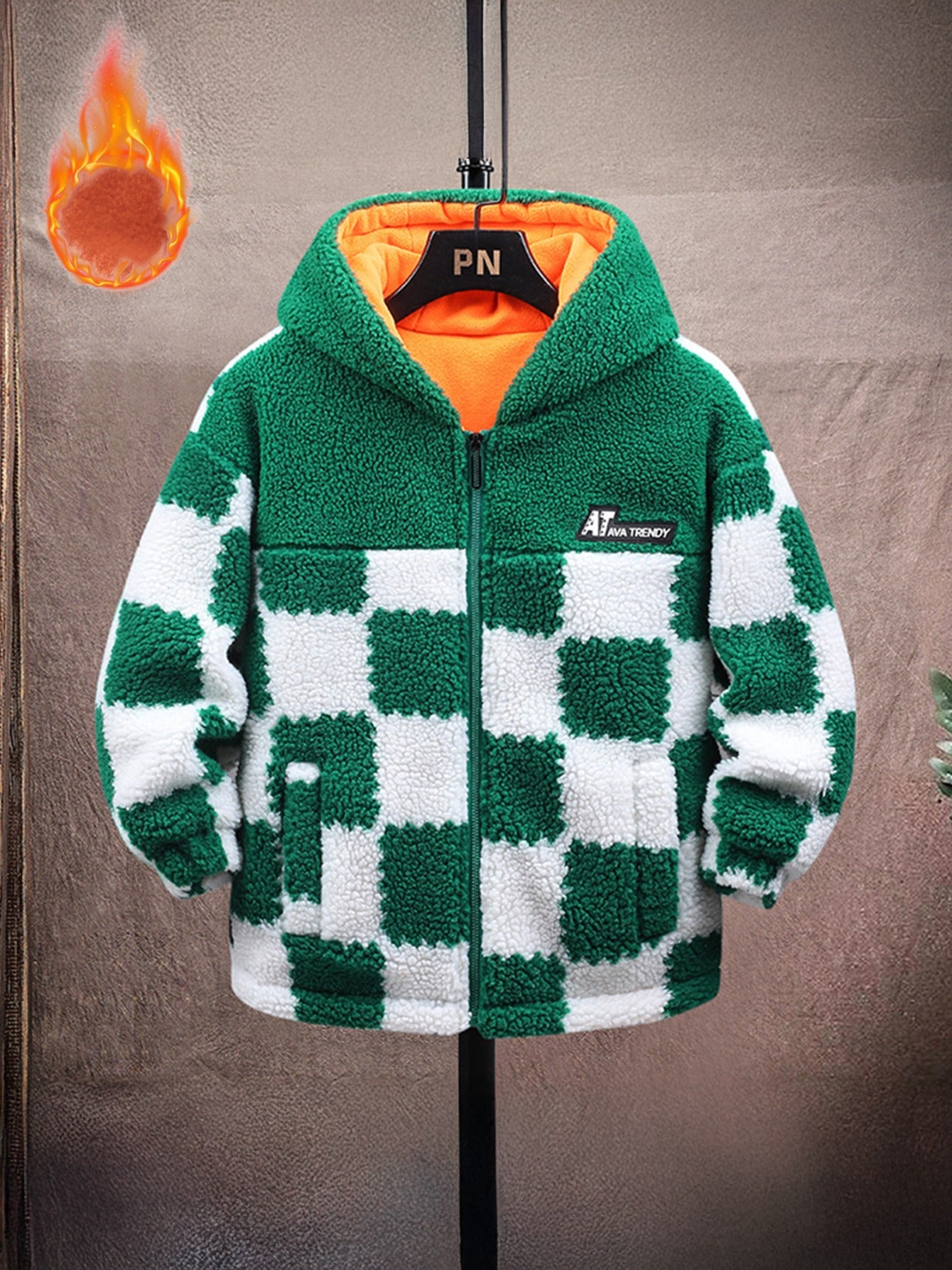 ' Fleece-Lined Thickened Lamb Fleece Coat with Plaid Pattern & Full-Zip Closure - Warm Winter Jacket, Soft Lining, Casual Collar, Green/ Checkered Design for Autumn & Winter, Stylish & Versatile Outerwear, Cold Weather Clothi