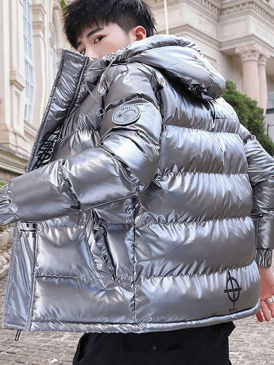 Men'S Padded Jacket; Silvery And Black Glossy Jacket; Hooded Warm Winter Coat.