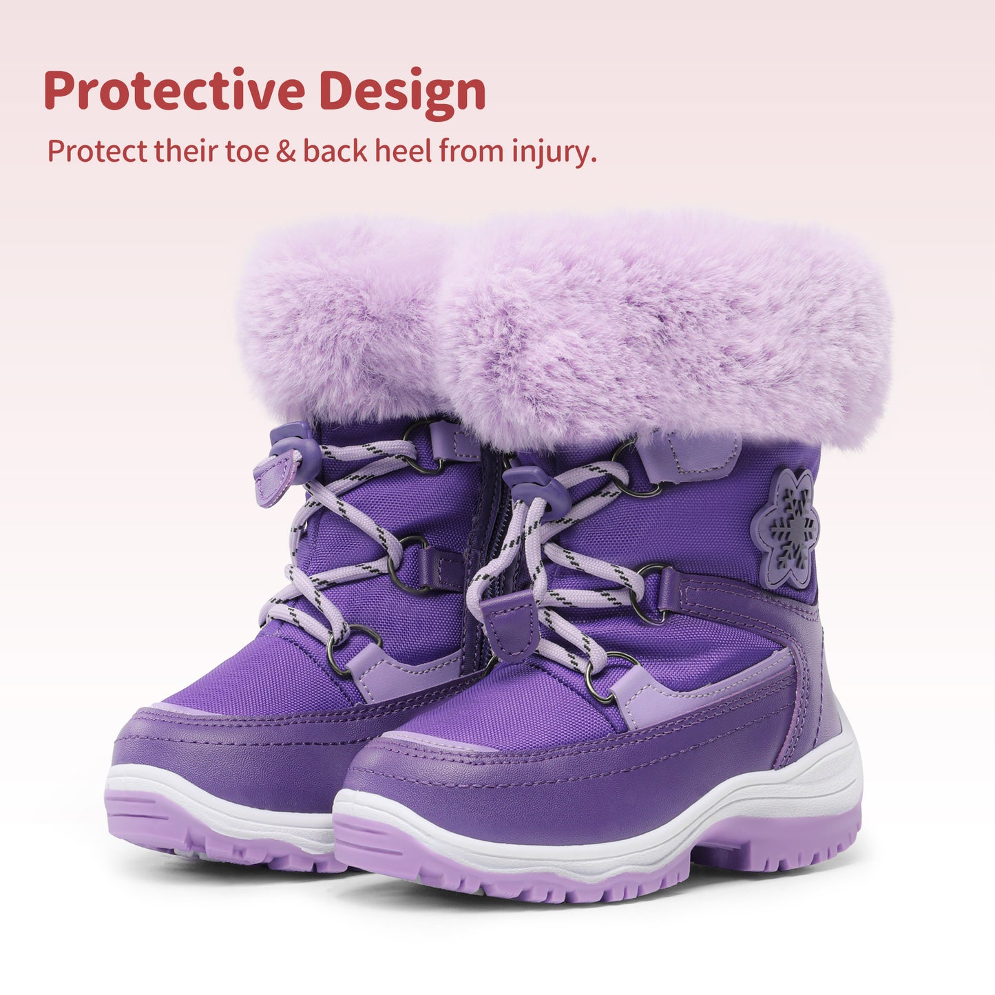 Girls' Slip-Resistant faux fur-Lined High-Top Winter Snow Boots with Pattern - Warm Mid-Calf Insulated Kids Shoes, Easy-On Lace Closure, Cushioned TPR Sole & Soft Fabric for Outdoor Play, School, and Everyday Winter Wear (Pin