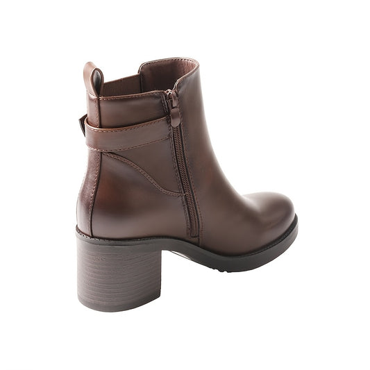 TMA EYES Women’s Chunky Heel Ankle Boots with Buckle Strap & Side Zipper - Stylish Brown Faux Cover Booties for Casual Wear, Mid-Height Design, Round Toe, All-Season Comfort, Comfortable Walking | Round Toe Booties | Polish
