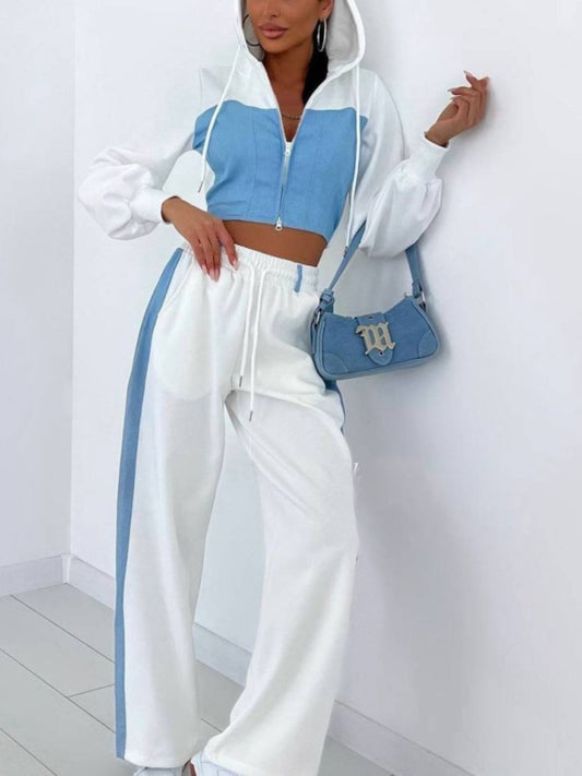 Women'S Oversized Hooded Sweatshirt & Wide-Leg Pants Set - Pastel Pink & Denim Patchwork Jumpsuit, Cozy Winter Outfit with Pockets, Casual to Semi-Formal Wear, Soft Pink Sweater and Light Pants, Easy-Care Fabric for Everyday