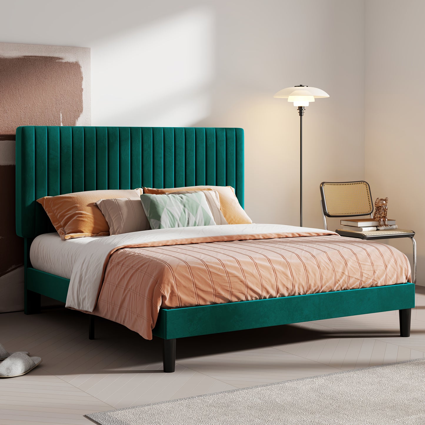 HOOMIC Velvet Upholstered Bed Frame with Adjustable Headboard, Contemporary Platform Bed Featuring Vertical Channel Tufting, Wooden Slats for Support, Optional Box Spring, Ideal for Home Bedroom Furniture, Free Shipping Avail
