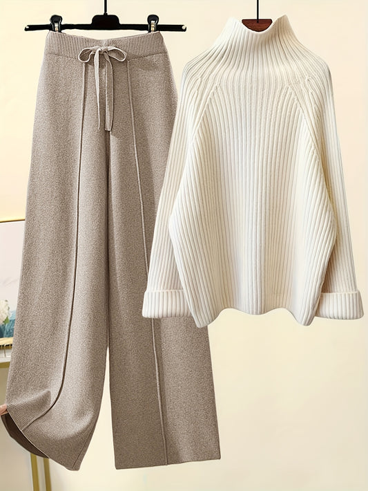 Women's 2pcs Sweater Set - Elegant High-Neck Sweater & Flared Pants Outfit, Beige/Brown ( Tones), -Like (68% /6%) - Casual to Semi-Formal Wear, Wrinkle-Resistant 2pcs Suit