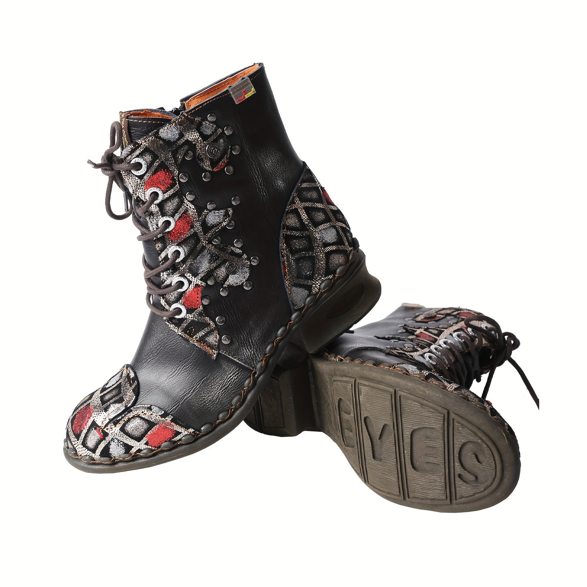 TMA EYES Women'S Western Style Low Heel Ankle Boots with Lace-Up Closure, Round Toe & Flat Sole - Genuine Leather Upper, TPR Sole, Black with Red & White Patchwork Design for Casual & Travel, Cowgirl Boots