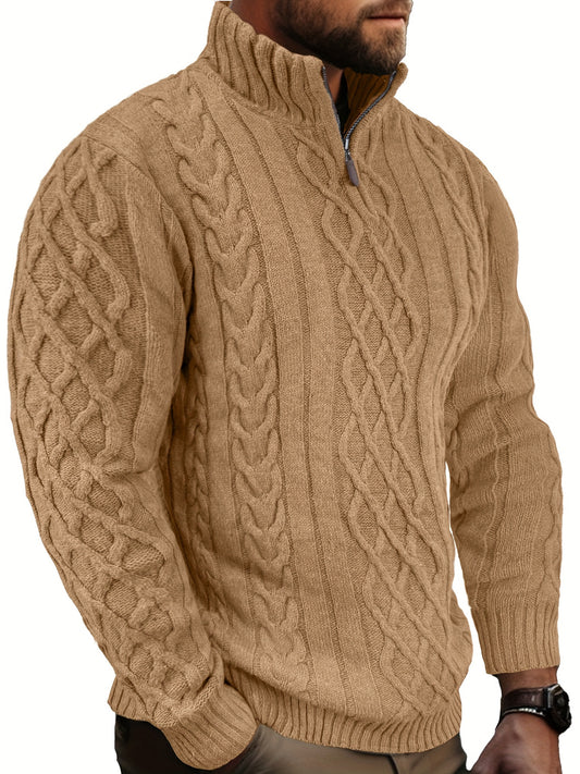 Men's Long Sleeve Quarter Zip Sweater Cable Knit Mock Neck Soft Casual Pullover Sweater for Friends And Family Christmas Gifts