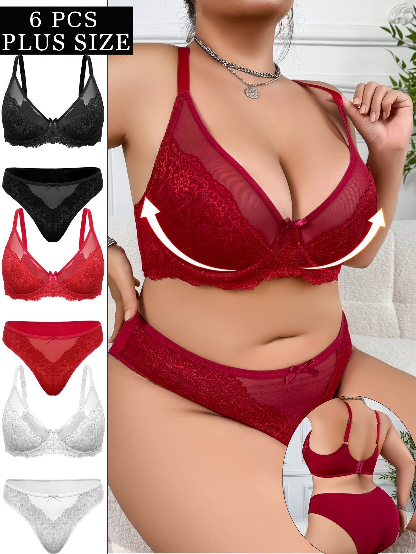 6pcs Women's Plus Size Sexy Lingerie Set, Floral Embroidery Sheer Bra And Mesh Low Waisted Panties, Steel Circle Lift Anti-Sag, Breathable And Comfortable Lace Bra Set with Adjustable Straps And Bow Decoration, Everyday Linge