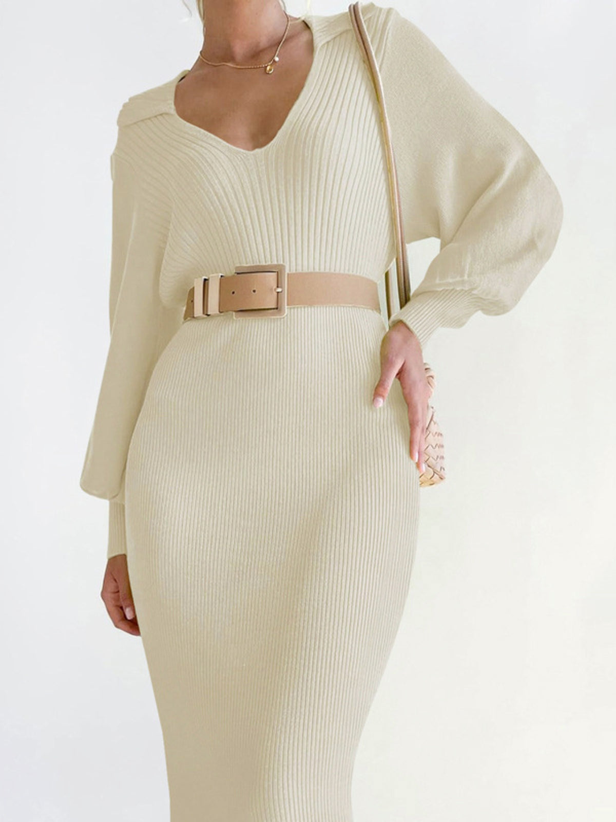 's 2025 New Winter Sweater Dress - Short White V-Neck Button-like Waist (No Buttons) Smock-like Collar, Lantern Bell Sleeves, & Tailored Hug Fit - Solid Color Dress for, Weddings, Parties (Hand Wash/Dry