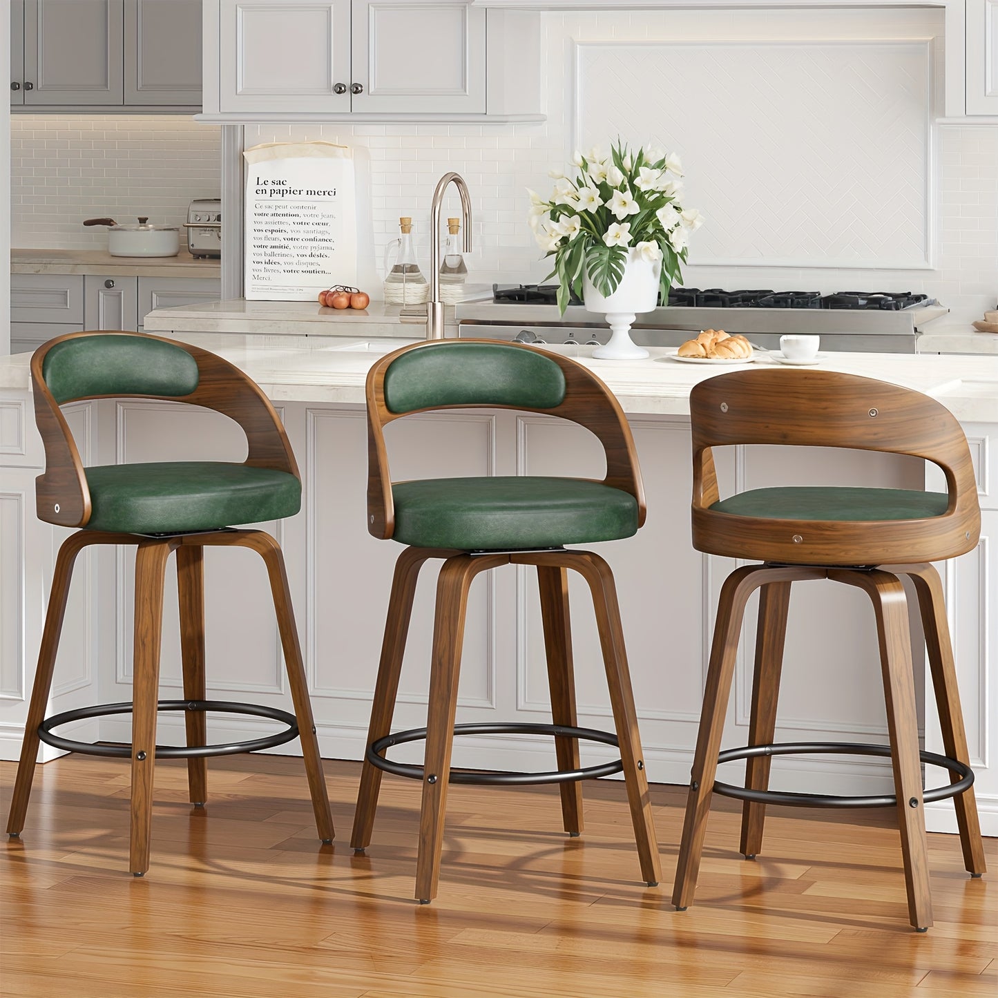 3/4 Bar Stool Set: Luxurious Faux Leather, Swivel Design, Armless, Featuring Thick Cushions And Back Support, Specifically Designed for Kitchen Islands And Bar Counters.