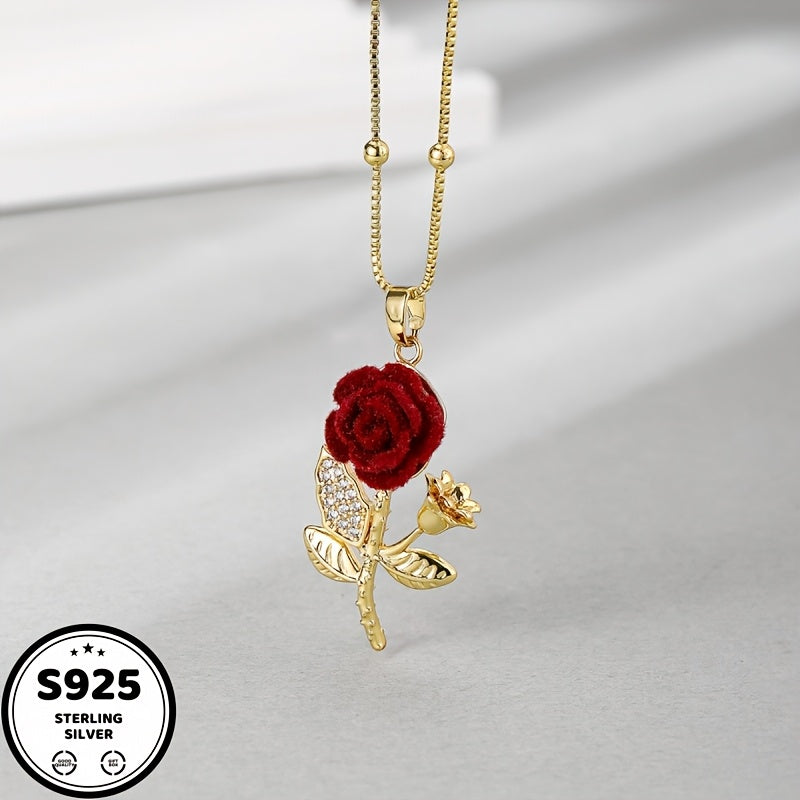 925 Sterling Silvery Red Rose Pendant Necklace, 18K gold plated 18K gold plated-plated Teenager'S Necklace, Chain, Waterproof, Sweat-proof, Inlaid With Synthetic Synthetic Zircon, Daily Wear, Holiday, Birthday, Anniversary