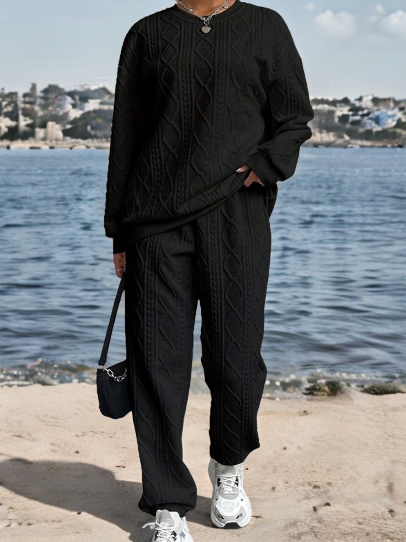 2024 Autumn/Winter Women's twist spliced long sleeve round neck top bunched feet trousers two-piece set