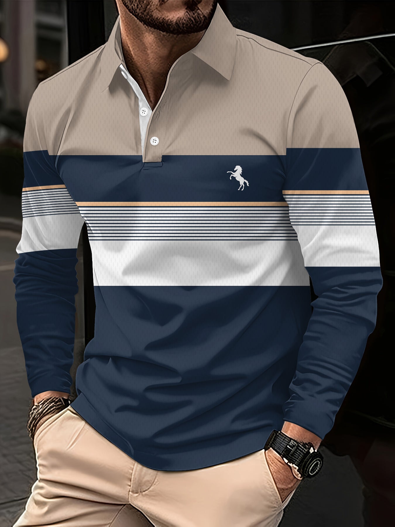 3pcs set • Men's long-sleeved shirt with 3D printed casual golf shirt • Striped design and English logo pattern • Sporty style • Men's long-sleeved shirt