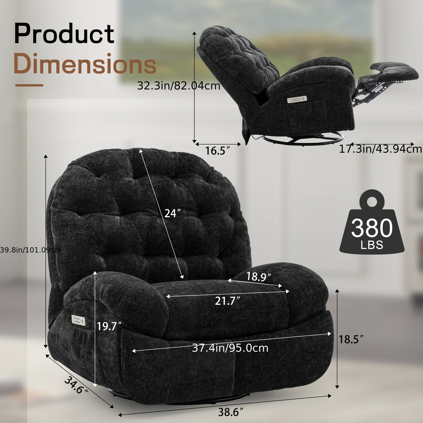 Oversized Swivel Recliner Chair, Adult Electric Recliner with USB Port And Side Pocket Storage, Comfortable Soft Shell Rocking Chair, Large Chenille Recliner Suitable for The Living Room