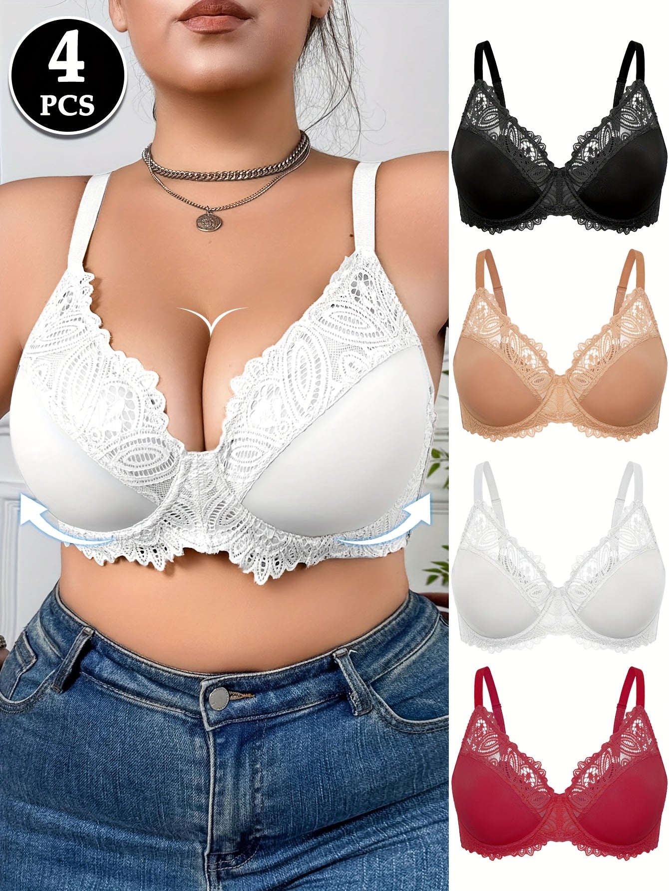 4pcs Plus Size Elegant Full Cover Underwire Lace Bra, Comfortable Fit, Breathable, Adjustable Straps Soft Stretch Fabric for All-Day Comfort- Perfect for Casual Attire, Plus Size Underwire Lightly Padded Bra, Women Bras for W