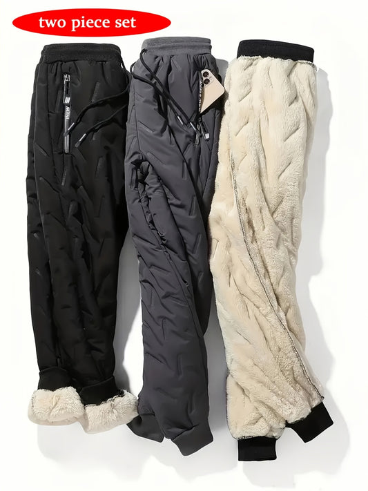 2pcs Men'S Winter Warm Casual Polyester Pants, Solid Color, Non-Stretch Fabric, Regular Fit, with Zipper Detail, for Hiking, Outdoor, Street & Fashion Style, Fall/Winter Season, Windproof & Non-Pilling