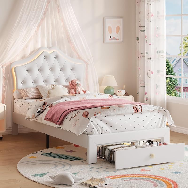 Twin-Size Single Bed Frame with Headboard & Storage Drawers - Modern Platform Bed with Upholstered Headboard, Easy Assembly, No Springs Needed
