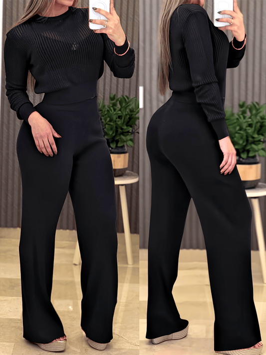 Set of a Round Neck Long Sleeve Top with Vertical Pit Texture And Casual Wide Leg Trousers.