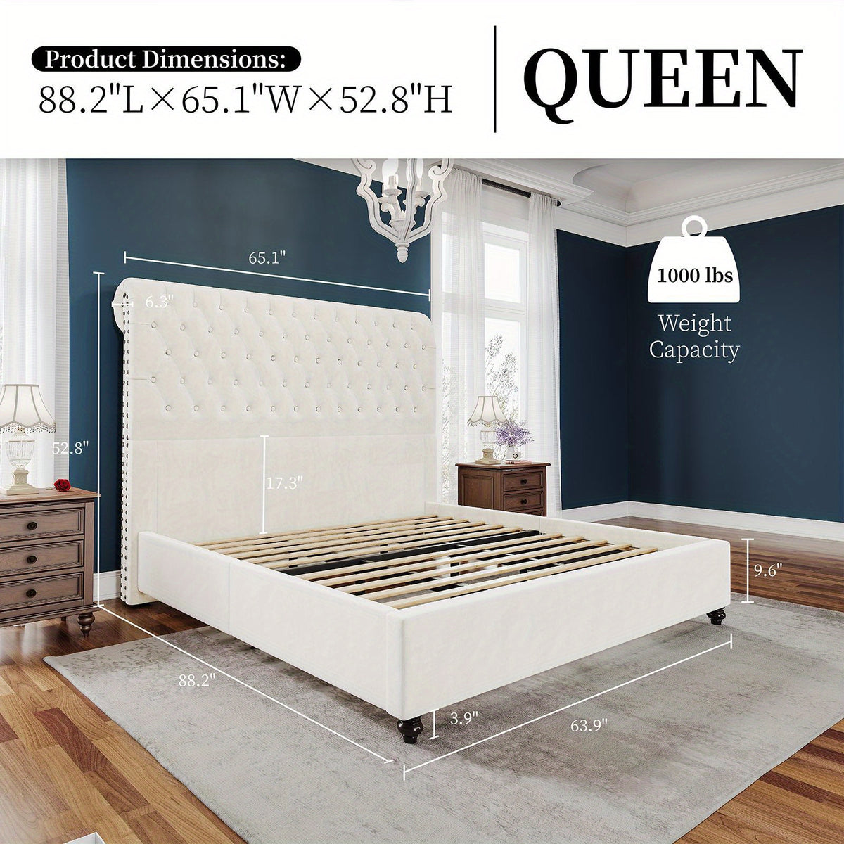 PAPABABE Upholstered Platform Bed Frame with 52.8" Sleigh Headboard - Button Tufted Design, No Box Spring Required, Easy Assembly, Durable Hardwood & Polyester, Classic Style for Modern Bedrooms, Bedroom Furniture, Elegant Be