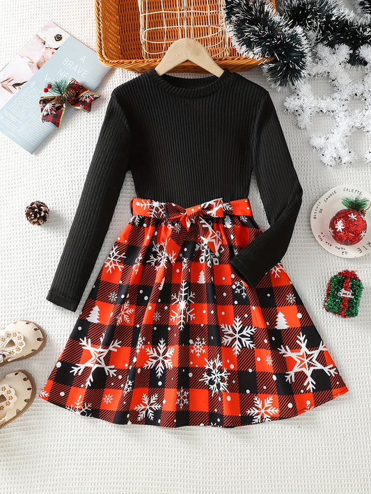Girls' Festive Christmas Plaid Red Dress with Snowflake Print - Casual A-Line Skirt with Belt, Black & Red Check Pattern, Long Sleeves, Perfect for Fall/Winter Celebrations, Casual Winter Wear | Belted Waist Dress | Comfortab