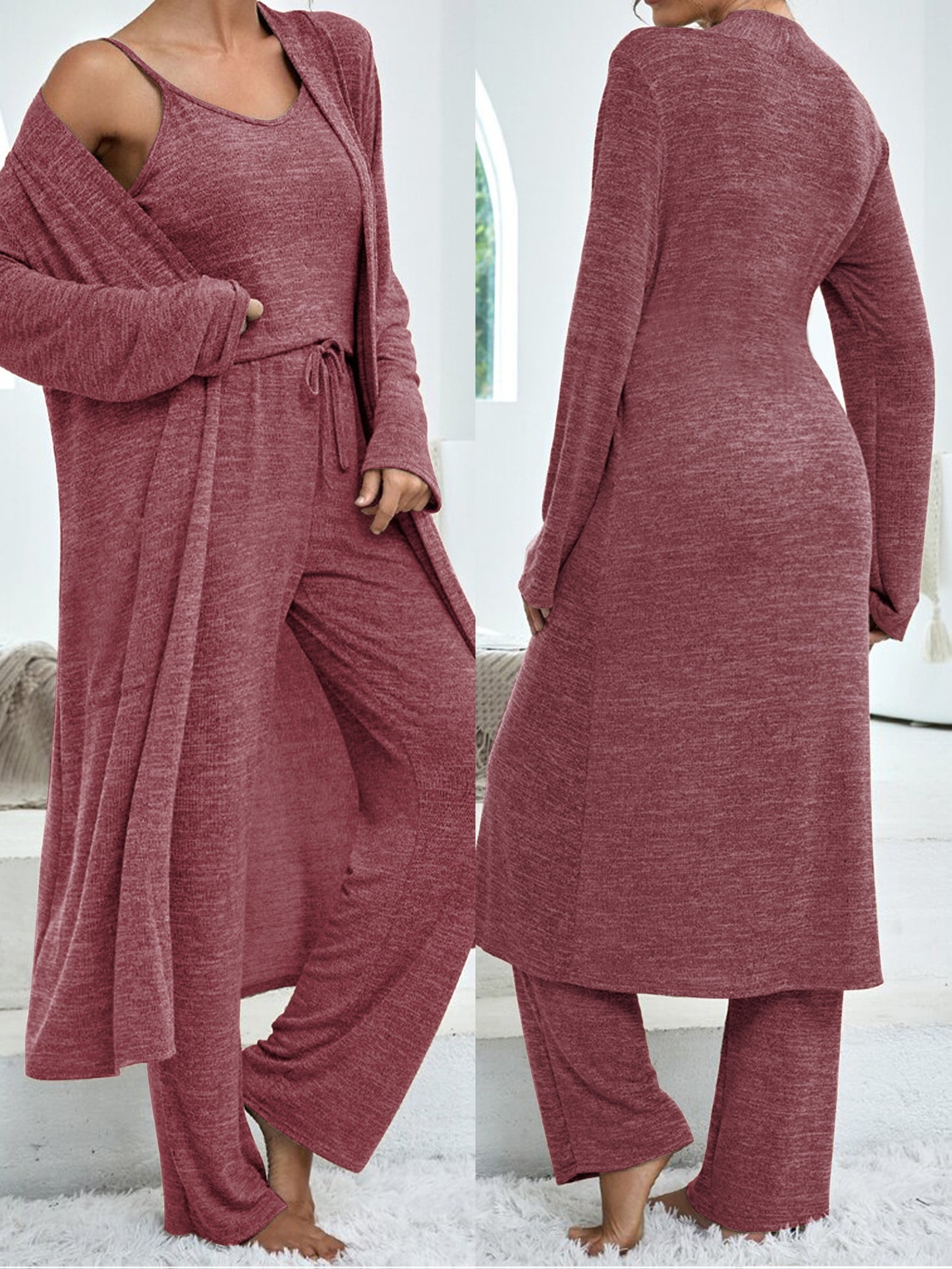 Women's Casual Home Suit • Solid Color Mid-Length Cardigan • Solid Color Camisole • Imitation Lace-Up Trousers • Three-Piece Suit for Women