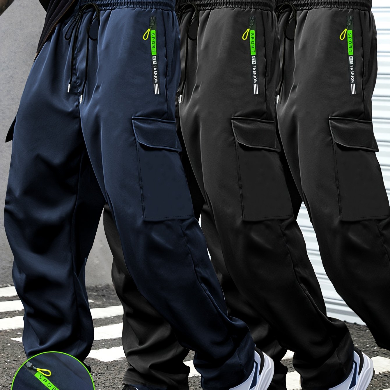 3-Pack of Men'S Thin Work Pants with Drawstring Elastic Waistband, Zipper Pockets, Large Patch Pockets, Comfortable And Breathable, Suitable for Outdoor Daily Leisure