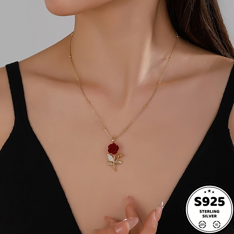 925 Sterling Silvery Red Rose Pendant Necklace, 18K gold plated 18K gold plated-plated Teenager'S Necklace, Chain, Waterproof, Sweat-proof, Inlaid With Synthetic Synthetic Zircon, Daily Wear, Holiday, Birthday, Anniversary