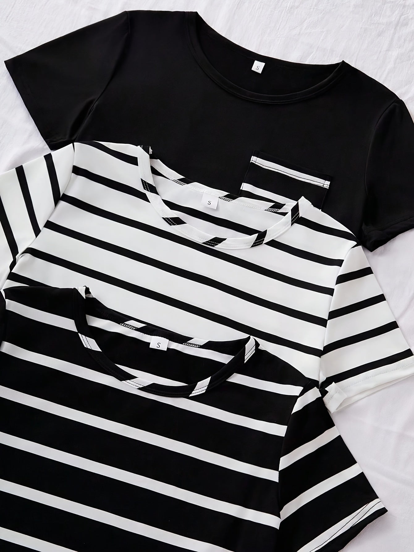 3pcs Set, Striped Short Sleeve Crew Neck Top and Shorts  Set, Casual Style