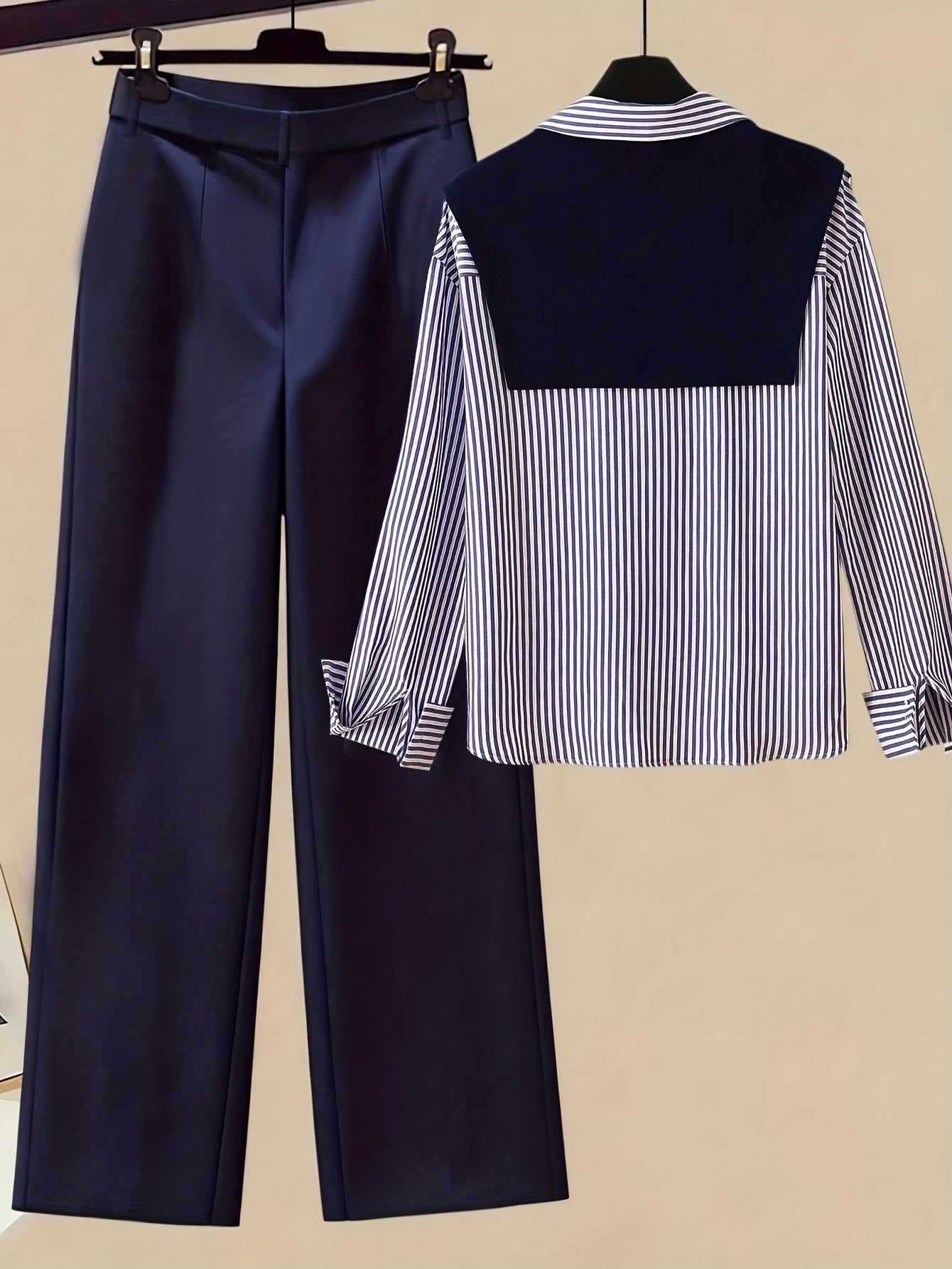 [Striped Shirt & Pants] Gavin 2pcs/Set Women's Striped Shirt & High-Waisted Pants | Shawl Collar | Spring/Autumn