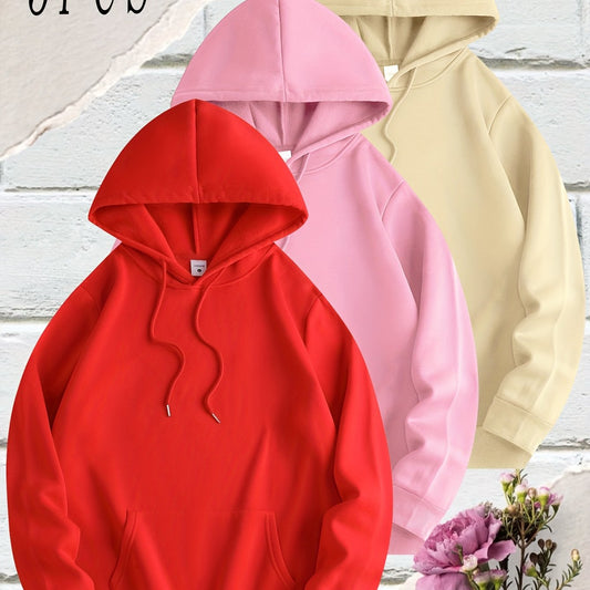 [Polyester Hooded Sweatshirts] 3-Pack Men's Casual Polyester Hooded Sweatshirts - Solid Color Knit Fabric with Slight Stretch - Regular Fit Hoodies with Drawstring for All Seasons