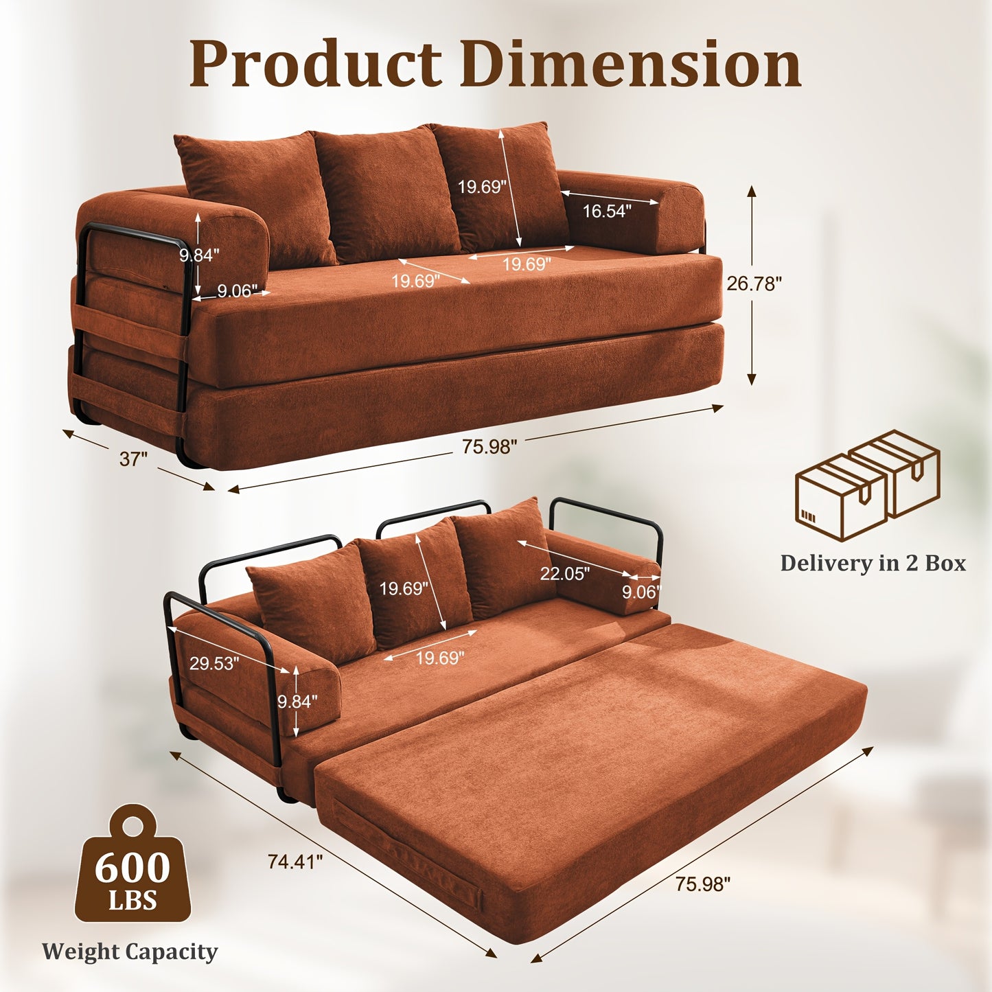 75-inch Living Room Sofa Bed, KORSER Modular Sofa, Double Multi-position Sofa Bed, Elegant Decoration, Thick And Comfortable Cushions, Durable Structure, Extra Deep Seat Sofa, Comfortable Chenille Fabric